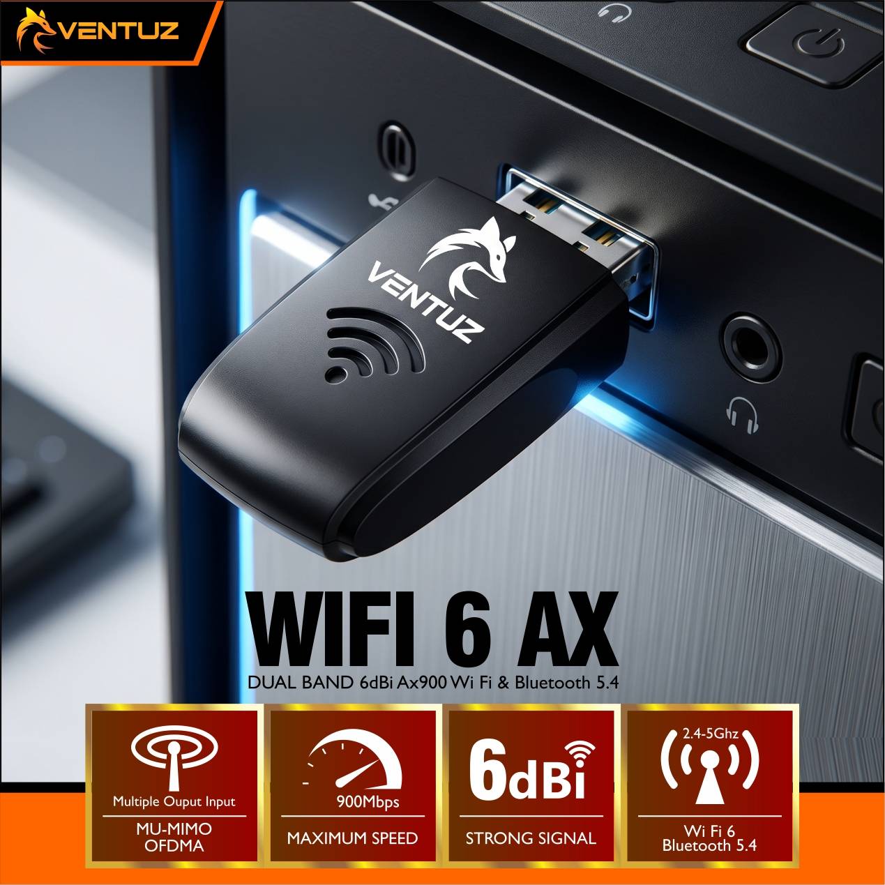 Ventuz - AX900 WIFI 6 USB Adapter Dual Band 2.4Ghz & 5Ghz Bluetooth 5.4 Wireless USB Dongle Receiver 900Mbps Card